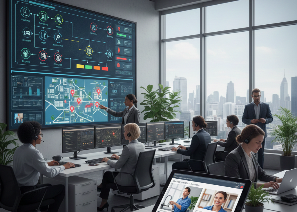 Team in modern control room analysing digital data on multiple screens with city skyline view