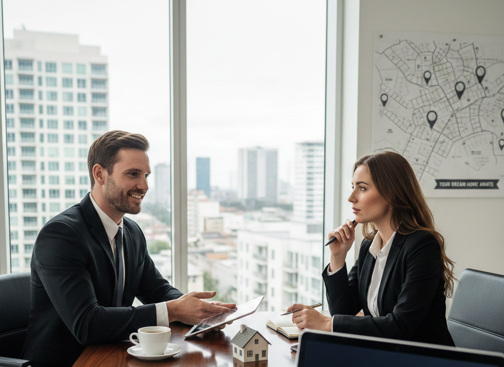 Two business professionals discussing real estate over coffee in an office with a city view and map in the background