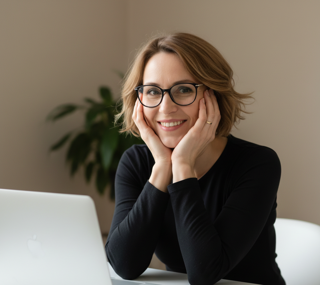 Smiling woman with glasses and brown hair sitting at a laptop desk in a cosy home office setting