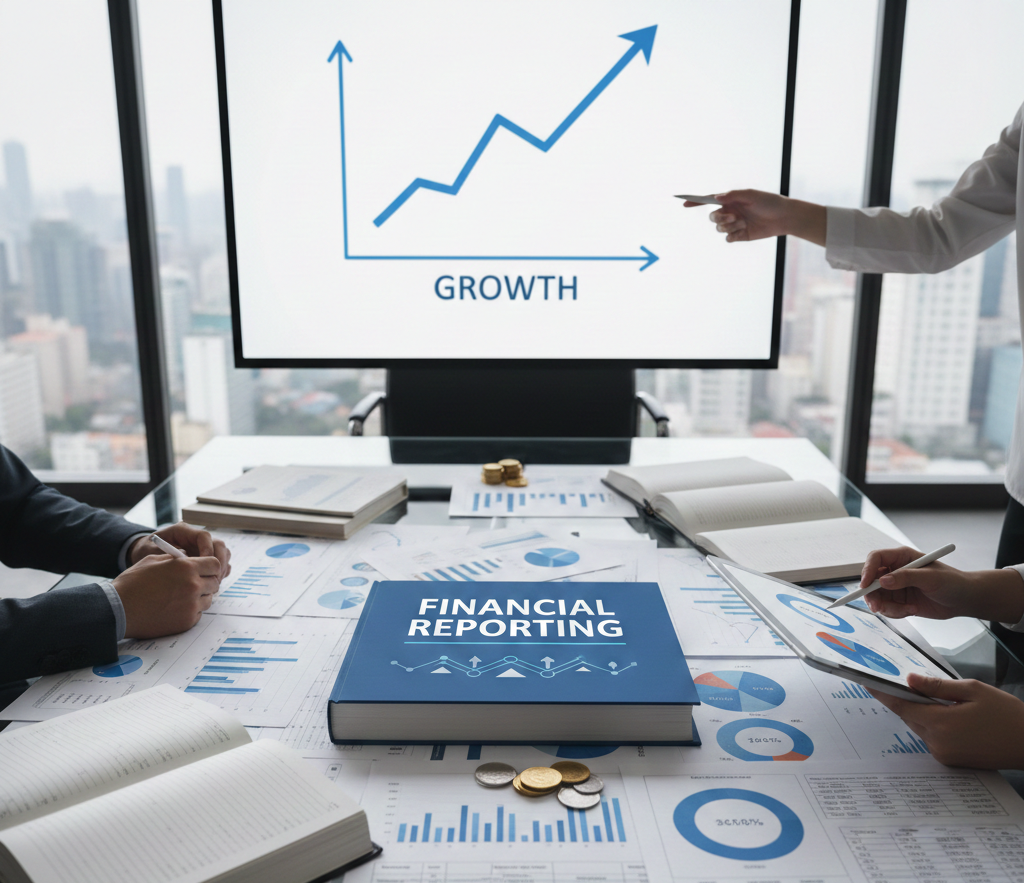Financial meeting with charts, graphs, and growth presentation in modern office with city skyline view