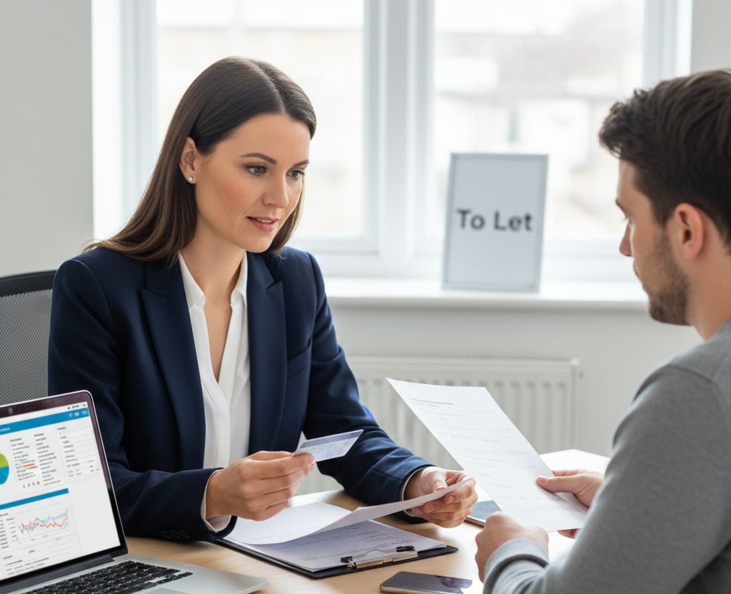 Estate agent discussing rental agreement with client in office, To Let sign visible in background