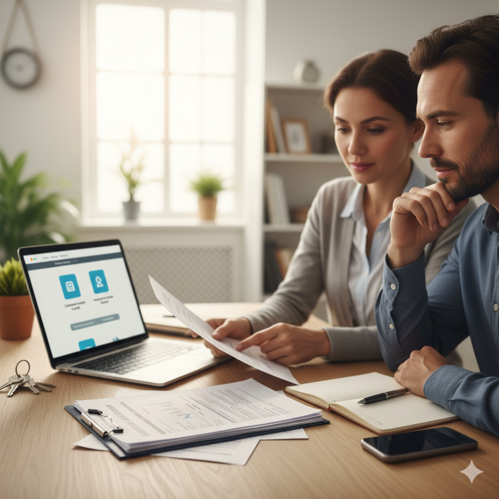 Couple reviewing financial documents at home office with laptop, clipboard, and notebooks on desk