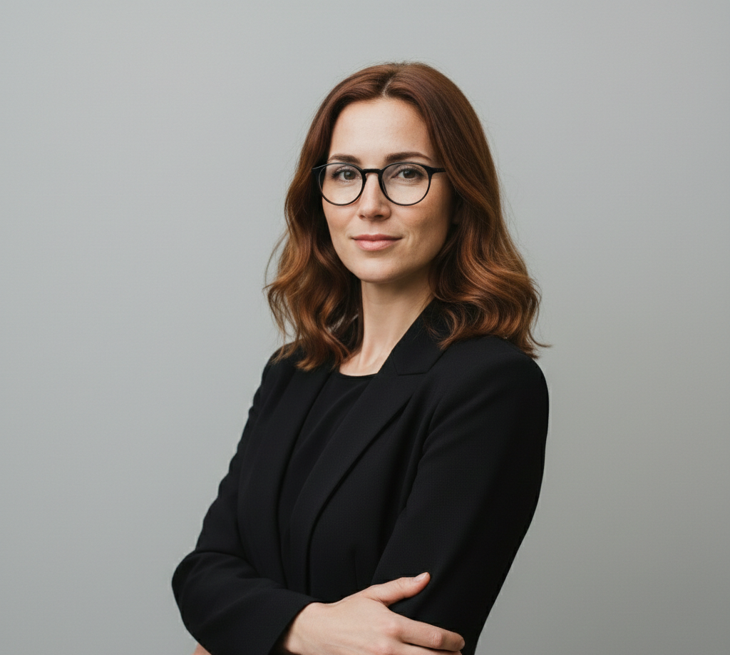 Professional woman in a black blazer with glasses and auburn hair standing confidently against a plain background