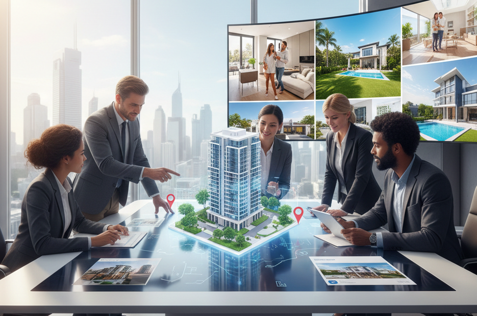 Team of real estate professionals discussing modern building project with virtual model and property images in office setting