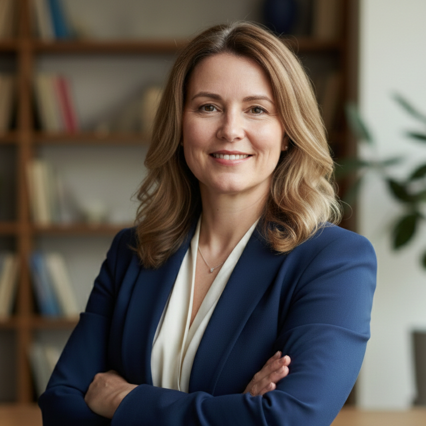 Smiling woman in a blue blazer standing confidently in an office setting with shelves and plants in the background