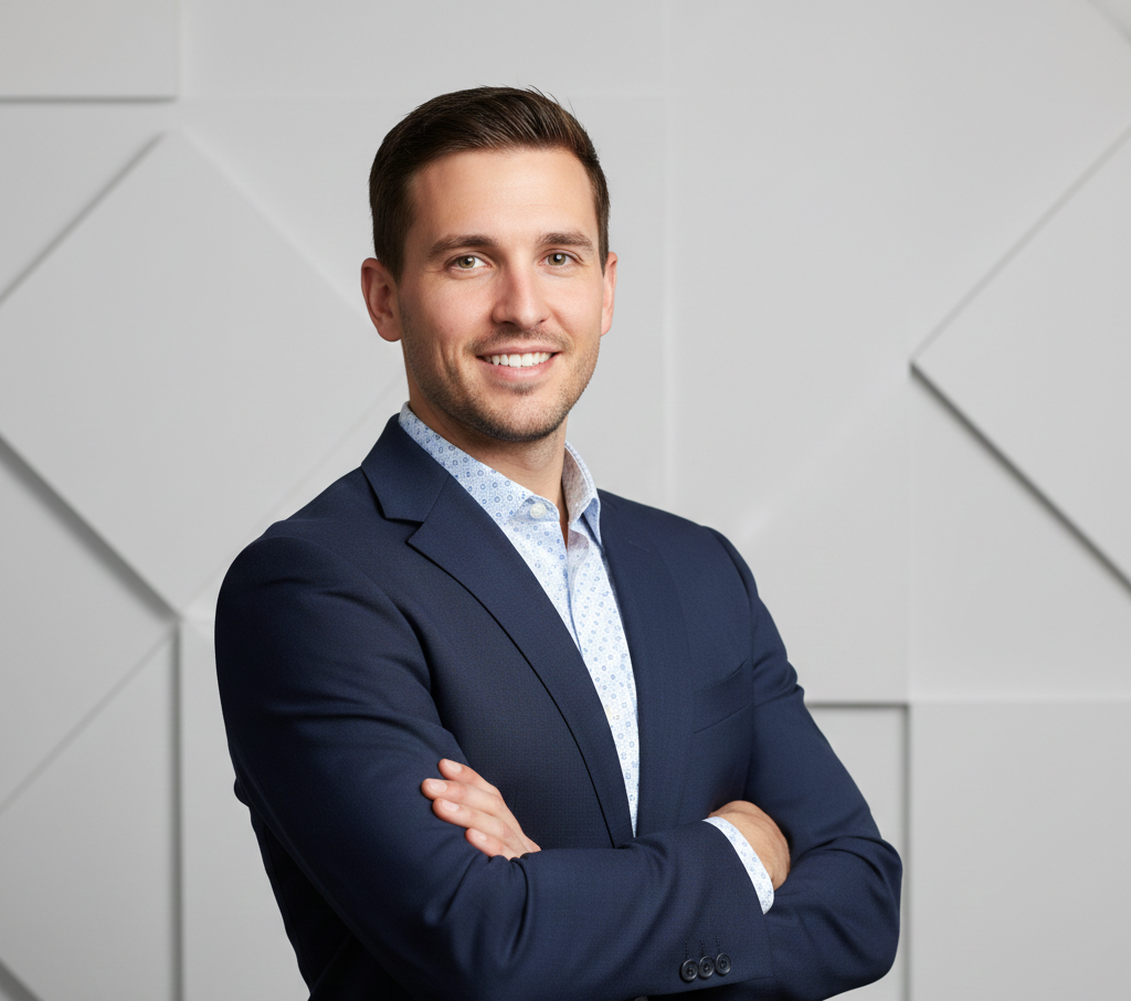 Smiling man in a blue suit with folded arms against a geometric grey background