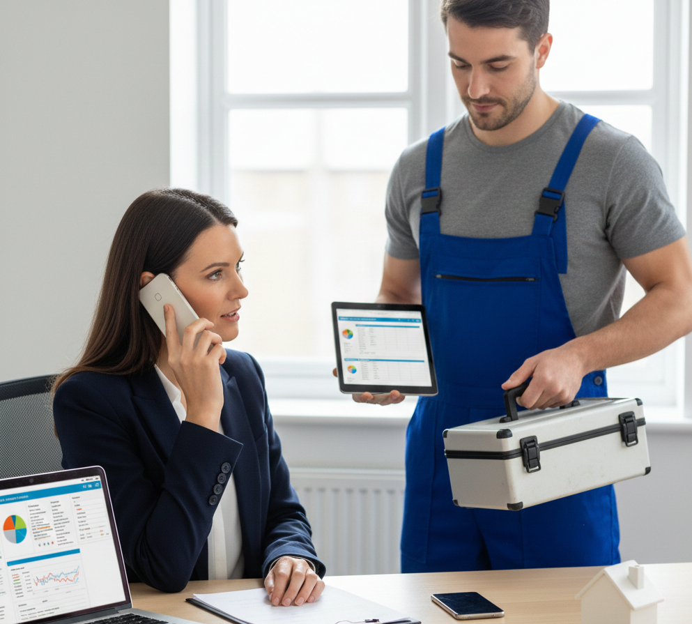 Businesswoman on phone discussing data with technician holding tablet and toolbox in office setting