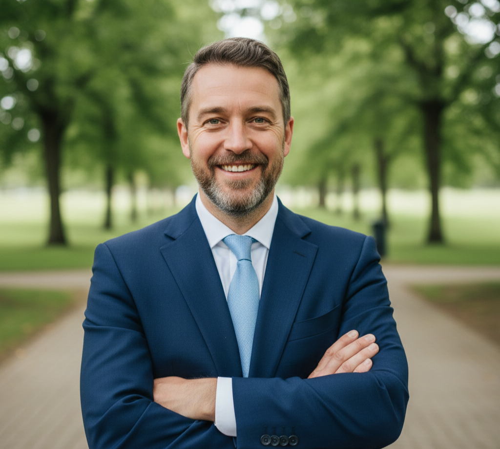 Smiling man in a blue suit with arms crossed standing on a tree-lined path