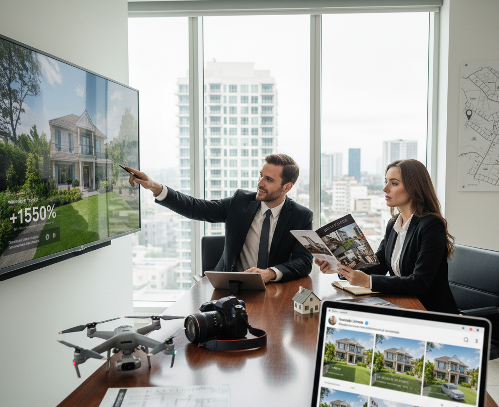 Business team discussing real estate growth strategy with property images and technology in modern office setting