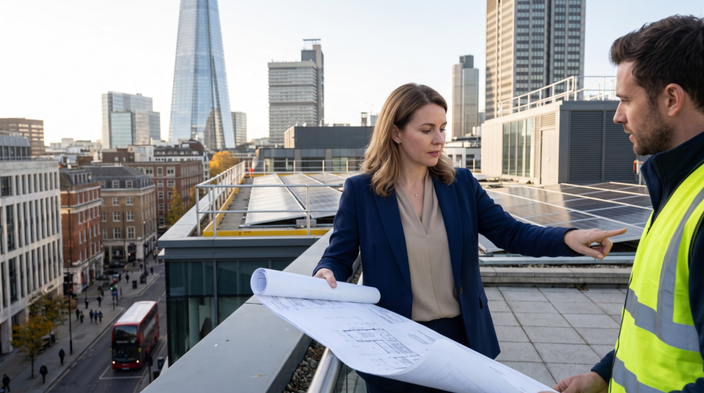 Architect and engineer discussing rooftop solar plans with London cityscape in background