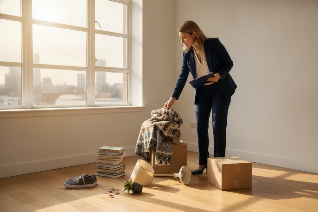 Woman in business suit organising cluttered room with boxes, books, and clothes by a sunlit window during a move